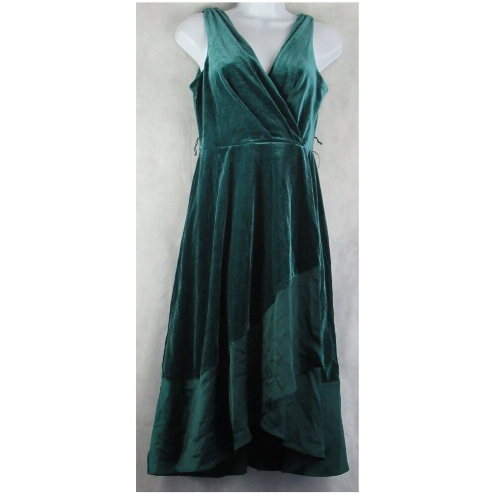 DKNY Women's Petite Surplice V-Neck Midi Fit & Flare Dress, Forest Green, 4P